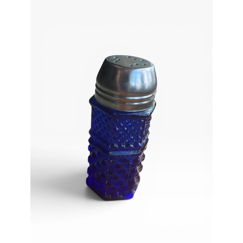 Vintage Cobalt Blue 4" Glass Hexagonal Salt Pepper Shakers Silver Metal Caps - Picture 3 of 7
